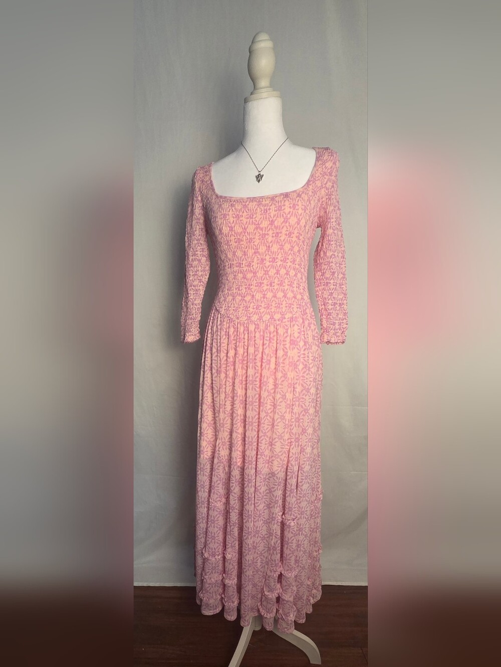 Free People Pink Smocked Maxi Dress with Scoop Neckline